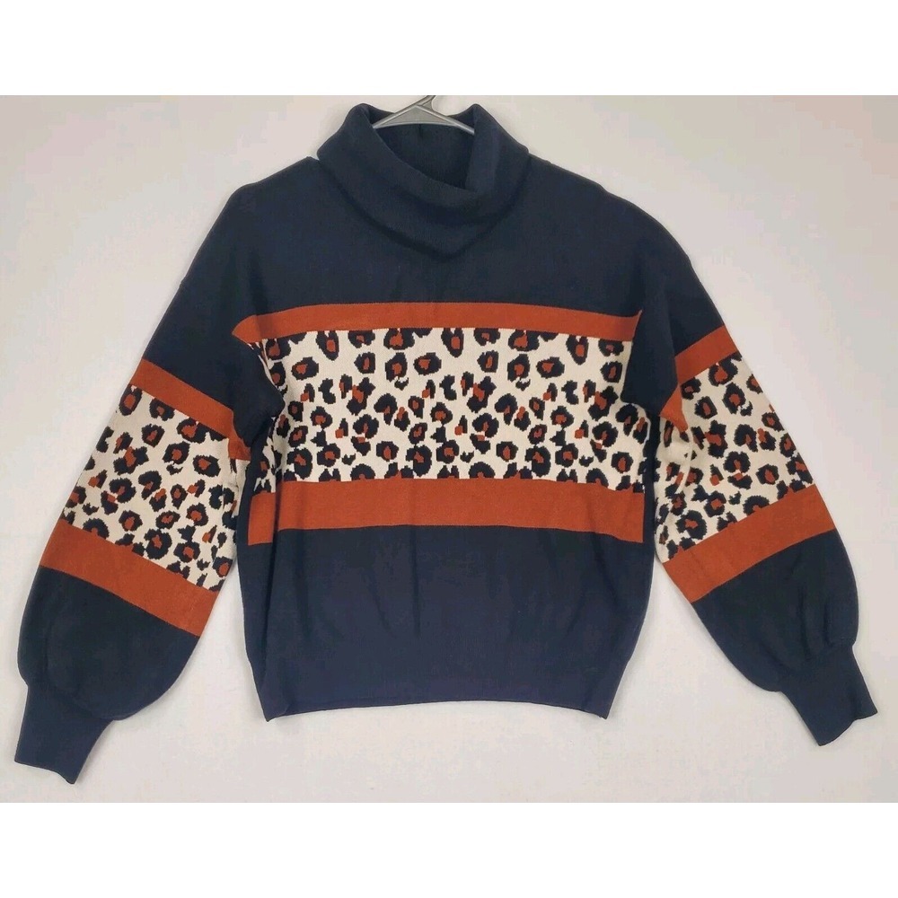 Umgee Women's Size L Sweater Color Block Mix Print Turtle Neck Pullover Black...